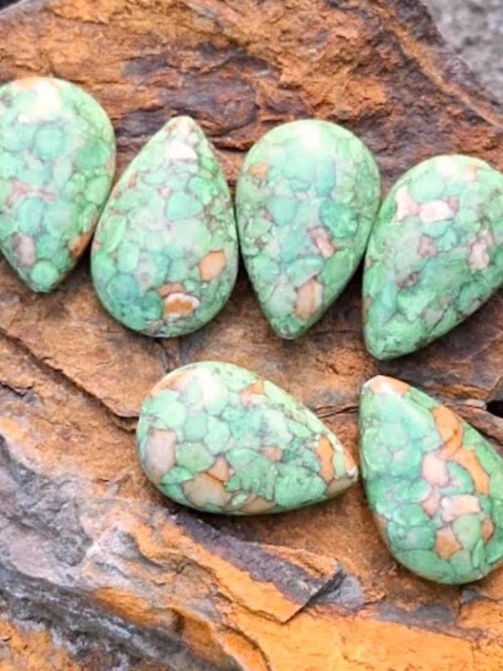 Set of 6 Green Sea Sediment Jasper Teardrop Beads, NWT, Drilled, 25mmx16mm